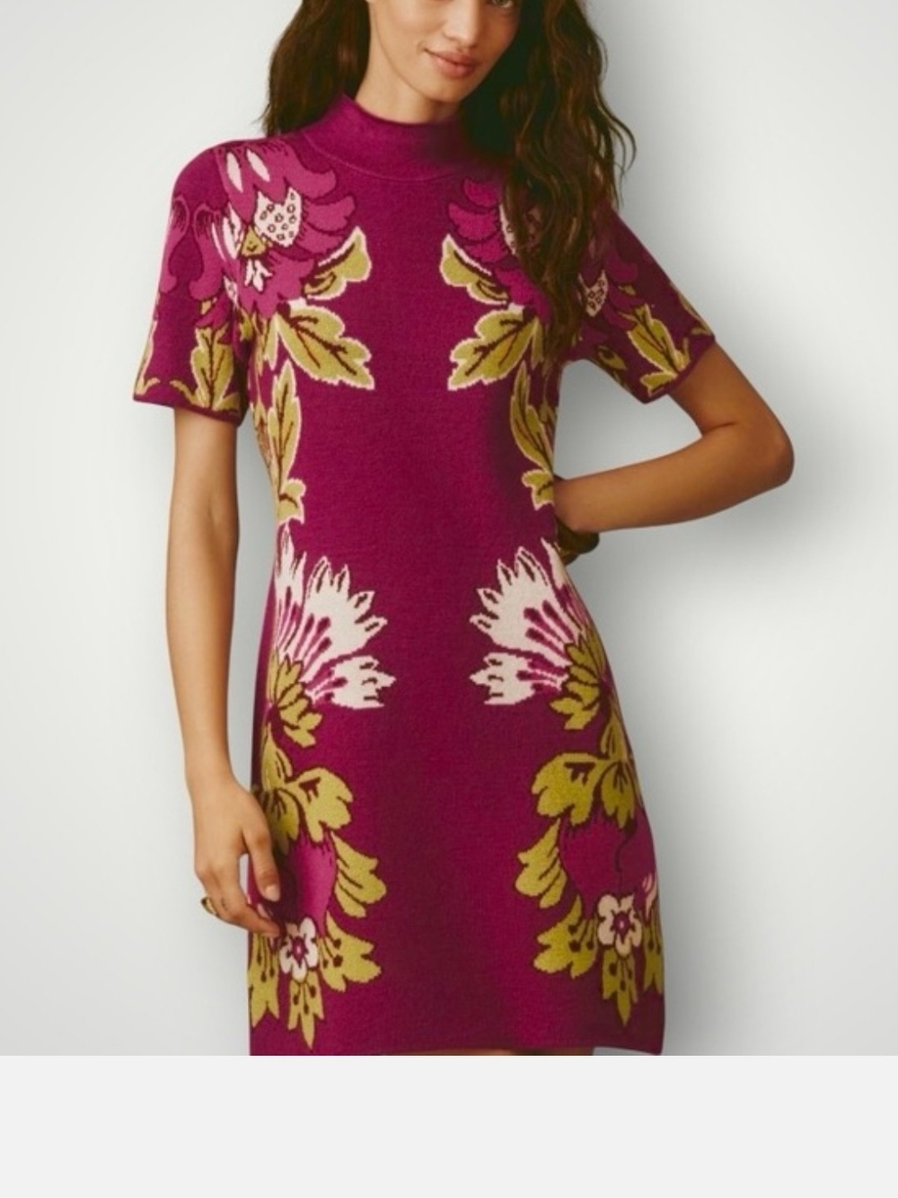 Anthropologie Magenta Floral Knit Mock-Neck Dress